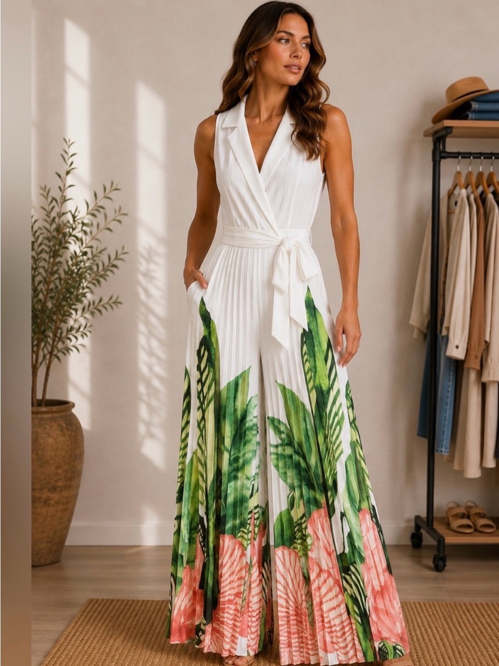 Sleeveless White Wrap Maxi Jumpsuit with Tropical Print wide leg